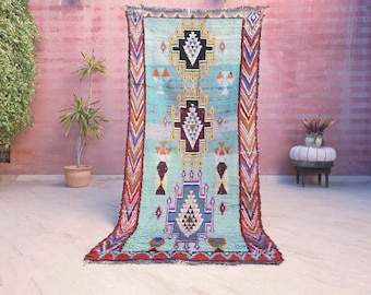 Gorgeous Sky blue vintage moroccan rug 3.6x7.7 cyan boucherouite rug, vintage boujaad rug, colorful tribal rug, geometric berber rug
