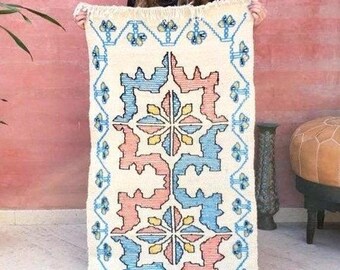 50% OFF CLOSING SALE Berber Wool Rug – Moroccan Embroidery, Maps & Flowers Design (2.5x5 ft)