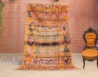 Gorgeous Vintage Moroccan Rug 4.3x7.2 Tribal Orange Pink Black Rug, Stunning rustic boho carpet