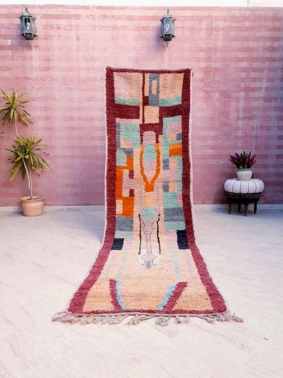 50% OFF CLOSING SALE Vintage Moroccan rug 3x10.2 Runner rug, 80s vibe lovely hallway rug, boujaad rug, colorful terracota abstract rug