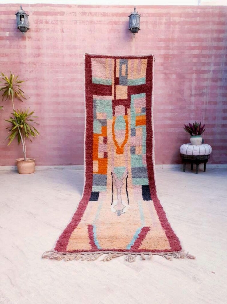 50% OFF CLOSING SALE Vintage Moroccan rug 3x10.2 Runner rug, 80s vibe lovely hallway rug, boujaad rug, colorful terracota abstract rug image 1