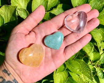 Amazonite heart golden healer heart and clear quartz heart set tiny imperfections