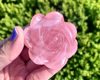 Rose quartz rose carving palm stone 2 inches