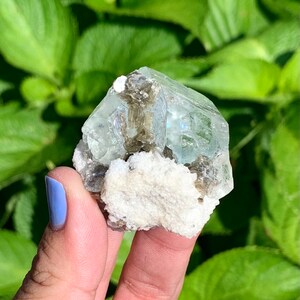 Puede incluir: Un cristal de aguamarina azul claro con una matriz blanca. El cristal est&aacute; parcialmente cubierto por un mineral gris.