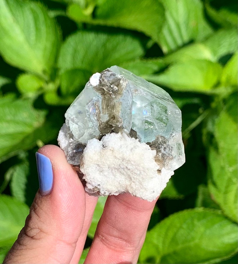 Puede incluir: Un cristal de aguamarina azul claro con una matriz blanca. El cristal est&aacute; parcialmente cubierto por un mineral gris.