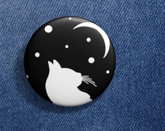 Cat and Moon Pin Buttons, 3 sizes