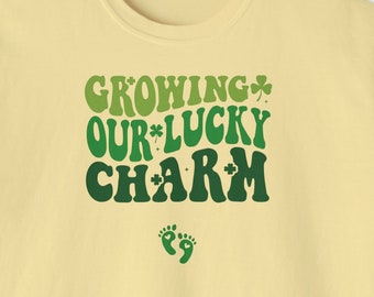 Growing Our Lucky Charm Women's Boxy Tee-St. Patrick's Day T-shirt/Pregnancy Announcement
