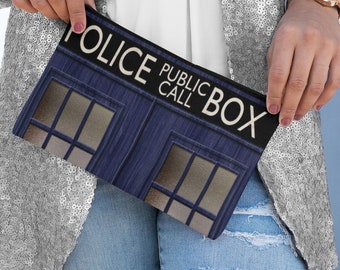 TARDIS/Starry Night Clutch Bag, van Gogh, Blue Box, Time and Space Bag, Blue Box Clutch Bag, Gift for Whovians, Doctor Who gift for Fans