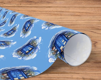 Emballage cadeau Scène hivernale TARDIS : rubans bleus, éventail Doctor Who