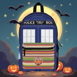 May include: Blue backpack featuring a design inspired by the TARDIS from Doctor Who, with the words "POLICE PUBLIC BOX". The front pocket has colorful horizontal stripes and the Doctor Who logo. The background includes bats, pumpkins, and a full moon.