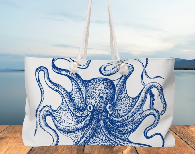 Octopus Beach tote. Personalized Beach bag, rope handles. Extra large Carry all bag, Weekender Travel bag, Custom gift tote bag. 24" x13"