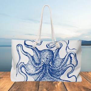 Octopus Strandtasche. Personalisierte Strandtasche, Seilgriffe. Extra große Tragetasche, Weekender-Reisetasche, individuelle Geschenktasche. 60cm x 33cm