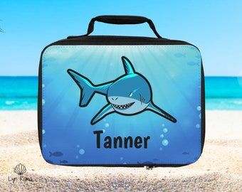 Shark lunch bag. Blue ocean bag, Personalized lunch box. 10" x 7.5" x 3".