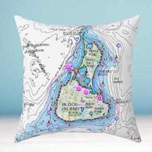 Cojín y funda de mapa náutico de Block Island. Decoración del hogar costero. Cojines de casa de playa. Cojines para barcos, cojines náuticos. Granja moderna