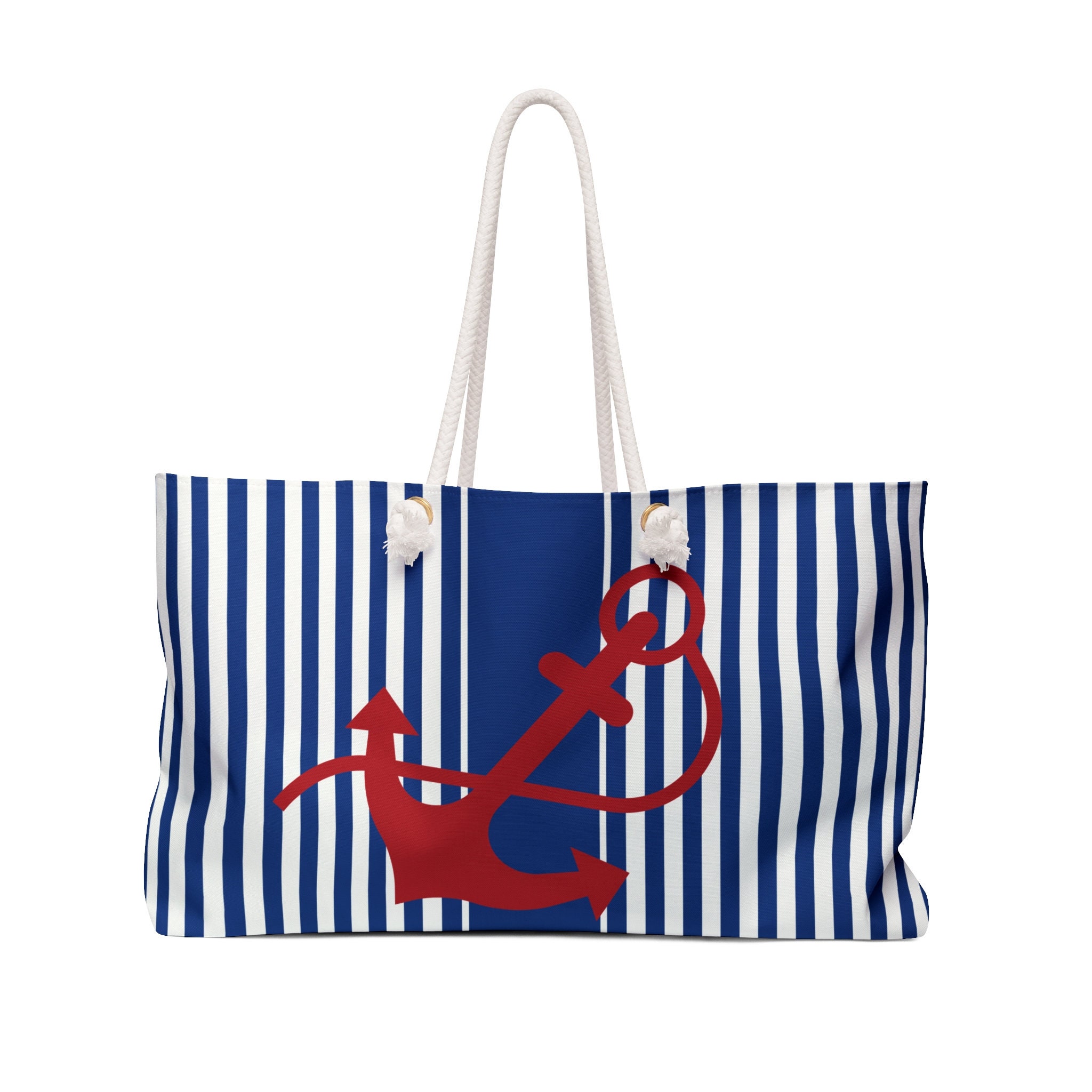 Personalized Nautical Beach Tote: Blue Stripe, Red Anchor, Rope