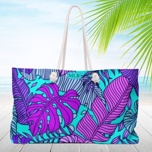Palm Tree Beach Einkaufstasche, Seil Griffe. Blau Lila. Personalisierte Monogram Reisetasche. Extra großer Weekender, Sonderanfertigung. Brautjungfer Geschenk.