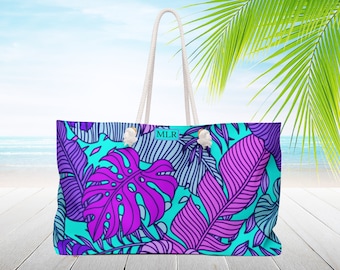 Palm tree Beach tote bag, Rope handles. Blue purple. Personalized Monogram travel bag. Extra large Weekender, Custom made. Bridesmaid gift.