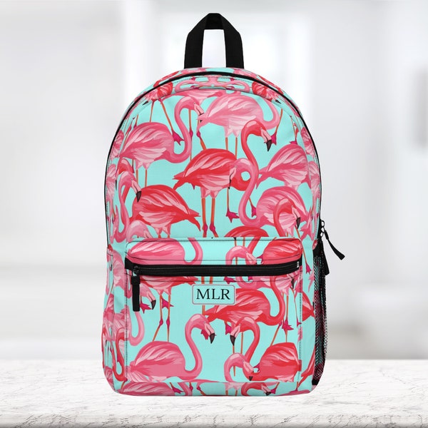 Pink Flamingo Personalized backpack, Travel bag, school or work bag. Custom made gift.