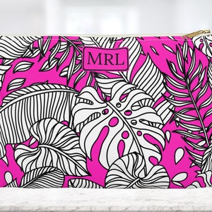 Custodia per accessori con palma rosa. Regalo personalizzato su misura. Borsa per cosmetici, borsa da toilette. Organizzatore di borse da viaggio. Proposta di damigella d&#39;onore.