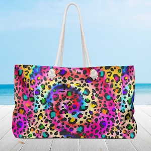 Pink Leopard print Personalized Beach bag, rope handles. Extra large Carry all bag, Weekender Travel bag, Custom gift tote bag.