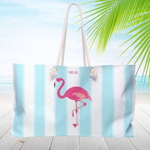 Cabana stripe Pink Flamingo Beach tote bag, Rope handles. Personalized Monogram travel bag. Extra large Weekender, Custom made gift.