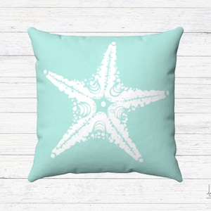 Aqua Blue Starfish Pillow, Coastal Home Pillow. Square pillow and cover.