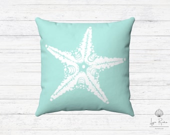 Aqua Blue Starfish Pillow, Coastal Home Pillow. Square pillow and cover.