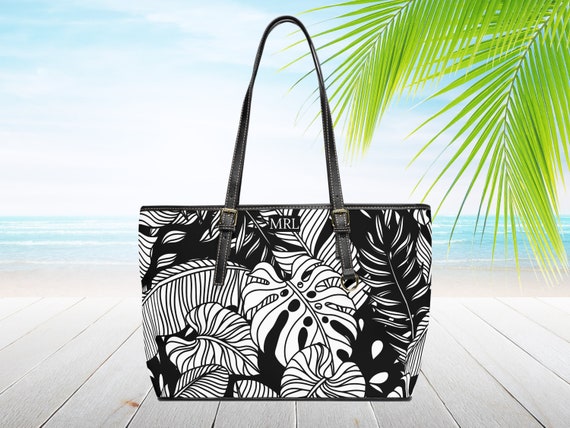 Palm Tree Large Tote Bag Top Zipper Vegan Leather Handbag Carry
