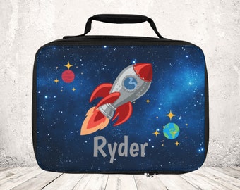 Spaceship lunch box. Red rocketship bag. Personalized lunch box. 10" x 7.5" x 3".