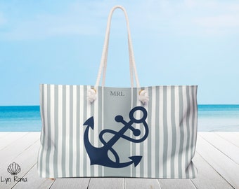 Blue anchor Personalized Beach bag with rope handles. Monogram tote bag. Bridesmaid gift, Nautical tote bag, Weekender Travel bag