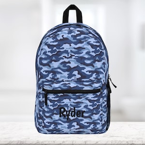 Blue camouflage Personalized backpack, Monogram Travel bag, school or work bag. Custom made gift. Made in USA
