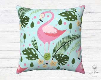 Pink flamingo pillow and cover. Coastal decor. Spun polyester square pillow.