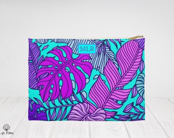 Tropical Palm Leaf Accessory Pouch: Personalized Cosmetic Bag, Custom Made Gift
