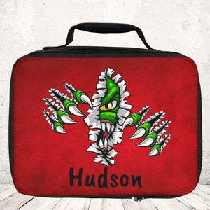 Dinosaur Lunch Bag, red school bag. Personalized lunch tote.