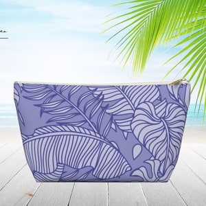 Paarse accessoiretas. Palmboom print. Accessoirezakje met T-bodem in 2 maten 6" x 8,5" en 8,5" x 12".
