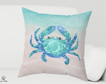 Blue Crab Pillow Cover: Coastal Nautical Home Decor, Custom Made gift