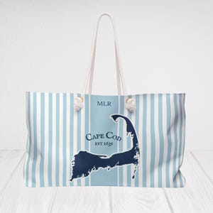 Cape Cod Map Blue Striped Beach tote bag, Rope handles. Personalized Monogram travel bag. Extra large Weekender, Custom made gift.