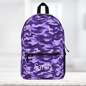 Purple camouflage backpack. Personalized Backpack 18&quot; x 13&quot; x 5&quot; (Made in USA) Free shipping.
