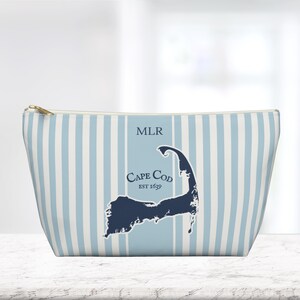 Cape Cod Map Blue Striped Personalized T bottom Accessory Pouch. Cosmetic Toiletry bag, Travel organizer. Bridesmaids, Custom made gift