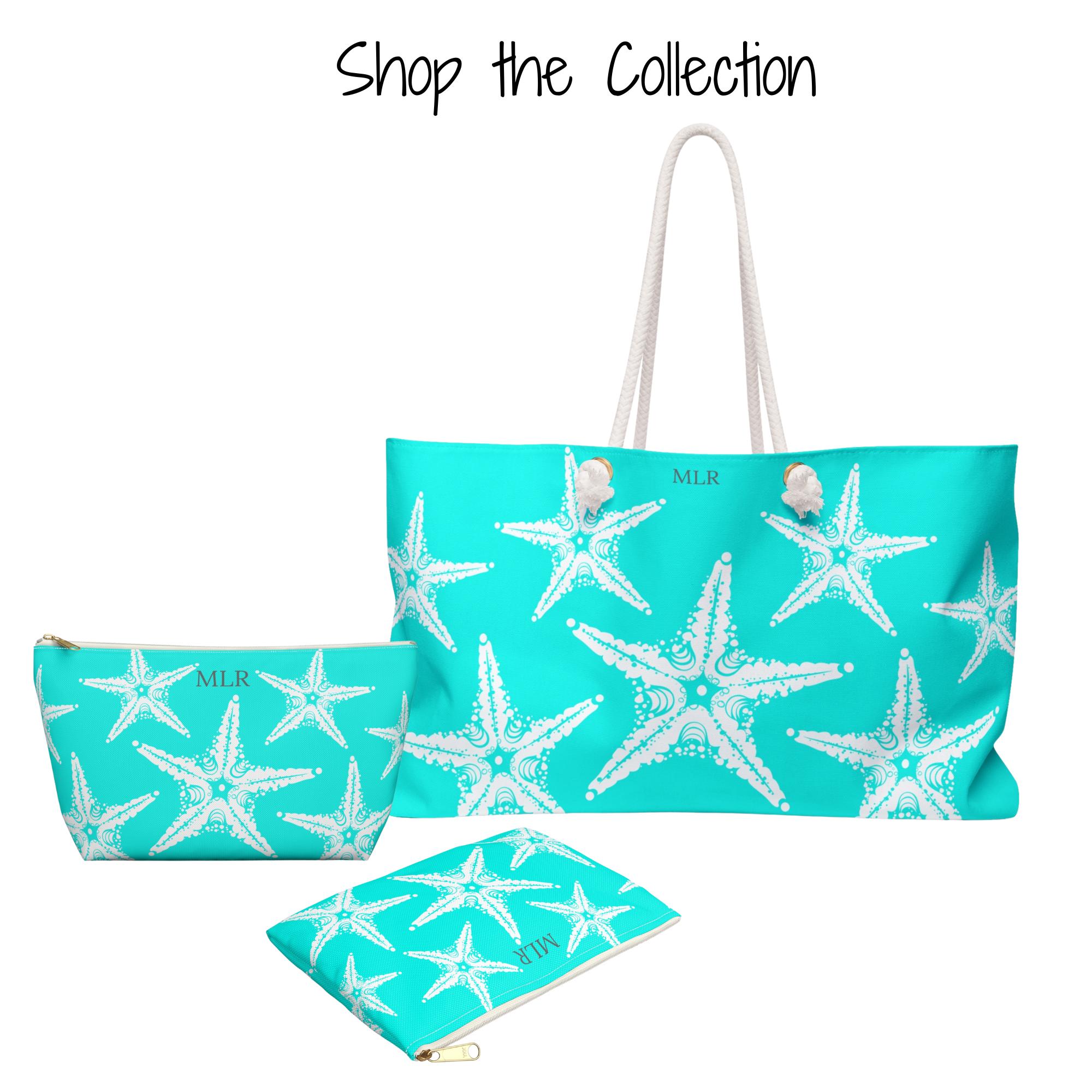 Blue Starfish Beach Tote Bag, Rope Handles. Personalized Monogram