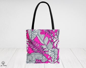 Personalized Palm Leaf Tote Bag: Pink Travel Beach Handbag, Custom Made Gift