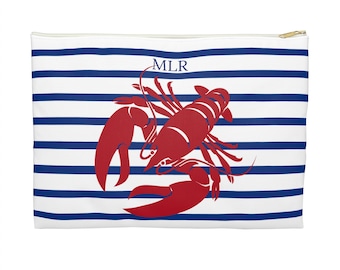 Red lobster Accessory Pouch, blue and white striped pouch. Personalized bag in sizes 5" x 8" and 8" x 12".