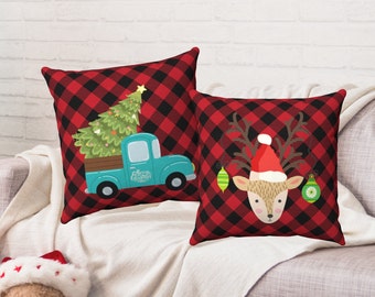 Buffalo karierter Weihnachtskissenbezug: Rentier, Baumlaster, Bauernhausdeko