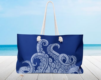 Octopus Personalized Beach bag, rope handles. Extra large Carry all bag, Weekender Travel bag, Custom gift tote bag. 24"x 13"x 5".