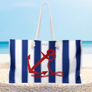 Cabana stripe red anchor Beach bag, Rope handles. Personalized Monogram travel bag. Extra large Weekender, Custom made gift. Bridesmaid gift