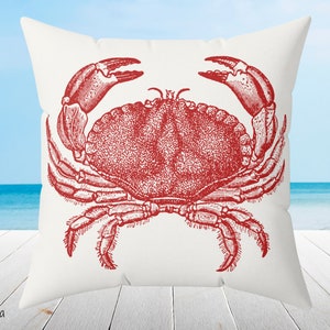 Red crab Nautical throw pillow and cover in 3 sizes. Coastal home decor. Gift for the home.