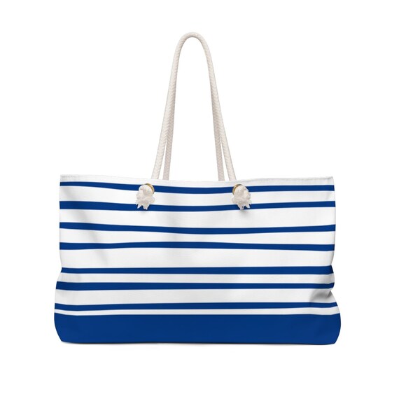 Blue Stripe Tote W Red Anchor, Personalized Beach Bag W Rope