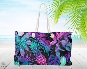 Tropical palm tree Beach tote bag, Rope handles. Personalized Monogram travel bag. Extra large Weekender, Custom made. Bridesmaid gift