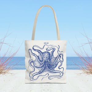 Sac fourre-tout personnalisé Blue Octopus. Votre sac de tous les jours, utilisez-le comme sac de voyage ou comme sac de plage. Cartable d'école. Cadeau fait sur mesure.
