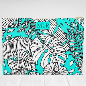 Palma Borsa porta accessori personalizzata verde acqua. Borsa da toilette cosmetica Monogram, organizer da viaggio. Proposta da damigella d&#39;onore, regalo su misura.